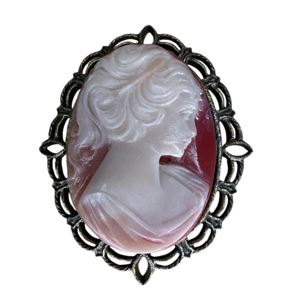 Cameo Brooch Pink Red Antiqued Bronze Filigree Victorian Style Pin - Picture 1 of 6